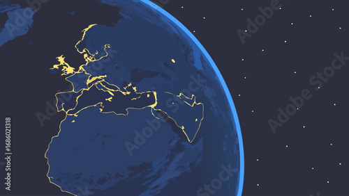 Stylized Earth at Night from Space Showing City Lights and Curvature.