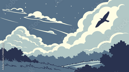 Stylized illustration of a bird flying above a landscape with fluffy clouds and stars at night.