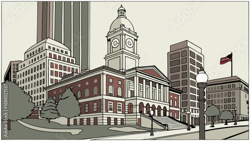 Stylized illustration of a city hall and surrounding cityscape urban architecture downtown scene vector art building illustration.