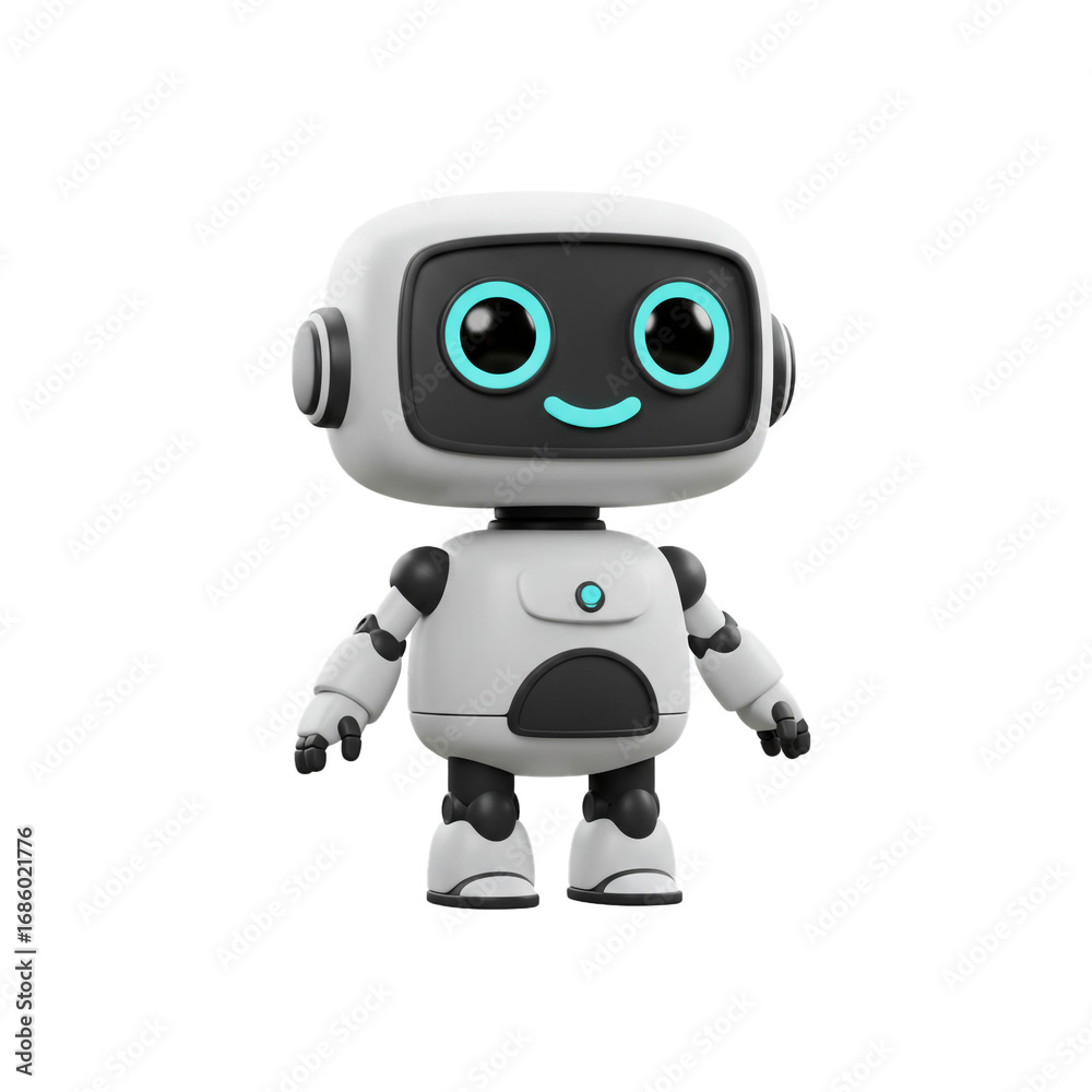 Fototapeta premium A charming, friendly robot with a rounded head and big eyes, designed with a simple, modern aesthetic, ready to assist.