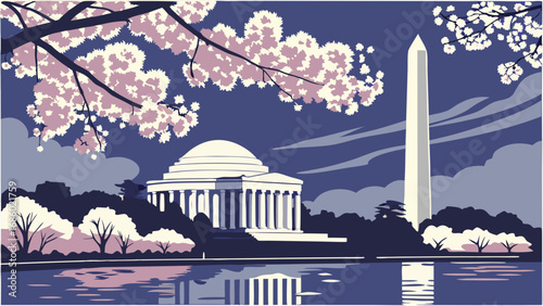 Stylized illustration of a memorial obelisk and cherry blossoms at dusk reflecting on water.