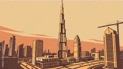 Stylized illustration of a modern city skyline at sunset featuring skyscrapers and a tall tower.