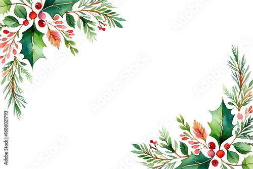 Watercolor christmas floral corner decorations with holly berries and pine needles