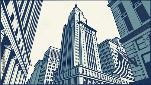 Stylized illustration of city skyscrapers urban architecture modern building design blue and white color scheme.