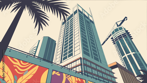Stylized illustration of modern city skyscrapers with palm trees and construction crane.