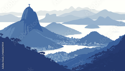 Stylized illustration of coastal mountain range with a statue on a peak overlooking a city and bay.