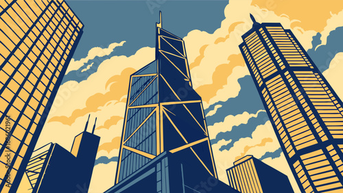 Stylized illustration of skyscrapers against a cloudy sky urban cityscape modern architecture geometric design low angle view.