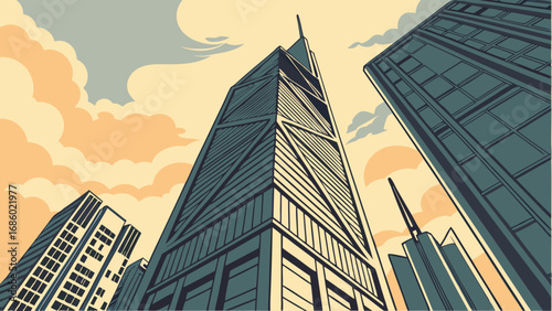 Stylized illustration of skyscrapers against a cloudy sky urban landscape architectural design city view low angle shot.