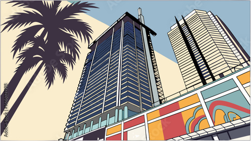 Stylized illustration of skyscrapers and palm trees modern city architecture tropical urban scene.