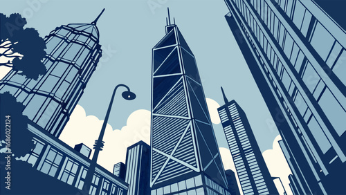 Stylized illustration of skyscrapers urban scene city skyline low angle view.