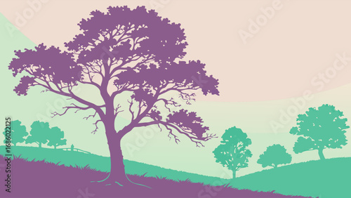 Stylized illustration of trees on a hill nature landscape pastel colors vector art.