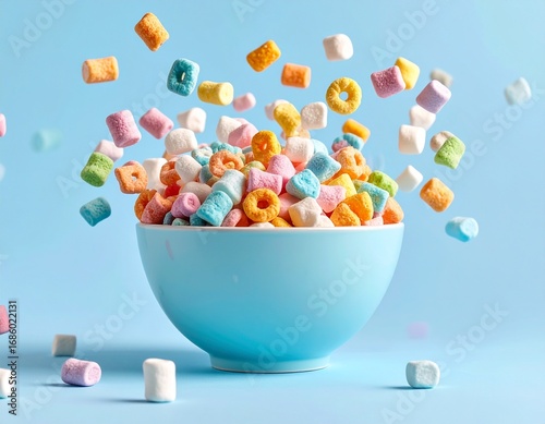 Whimsical bowl overflowing with colorful cereal and sweet marshmallows