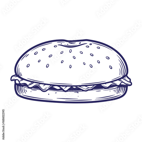Hand drawn burger illustration showing a tasty fast food sandwich in a retro vintage style.