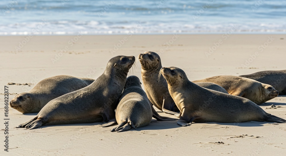 Fototapeta premium Seals Relaxing and Socializing on Beach
