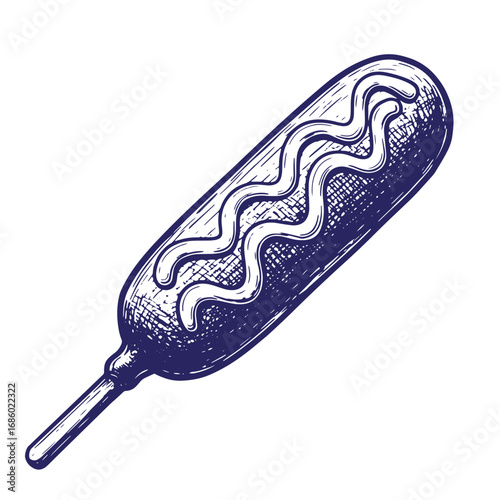 Hand drawn illustration of a corn dog with decorative sauce and a wooden stick