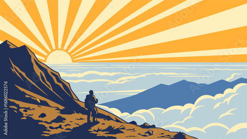 Sunrise over Mountain Peaks Hiker Silhouette Scenic View Travel Poster Design.