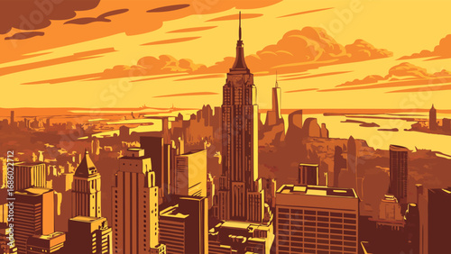 Sunset Cityscape Golden Hour Skyline with Tall Buildings and Dramatic Clouds.