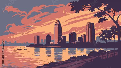 Sunset Cityscape over Calm Water with Boats and Palm Trees.