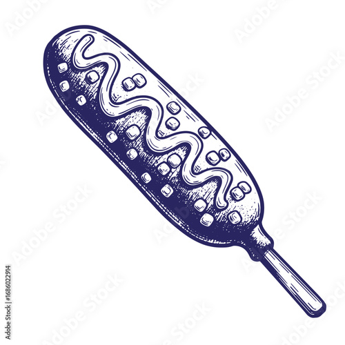 Hand drawn vector illustration of a delicious corn dog with sauce and stick