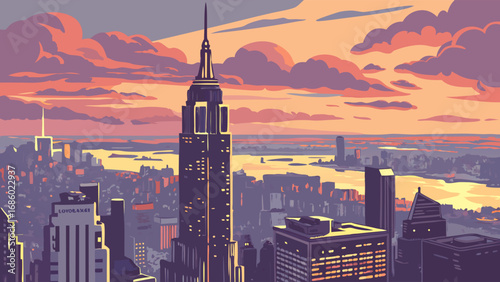 Sunset cityscape panorama high-rise buildings urban skyline aerial view golden hour skyscrapers city lights evening twilight modern architecture metropolis downtown urban landscape cityscape illustra.