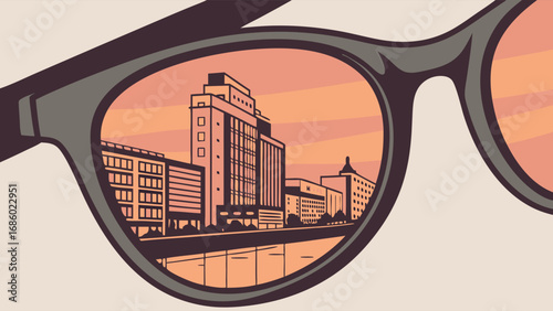 Sunset Cityscape Reflected in Sunglasses.