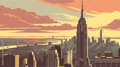 Sunset Cityscape Skyline View with Tall Building at Golden Hour.