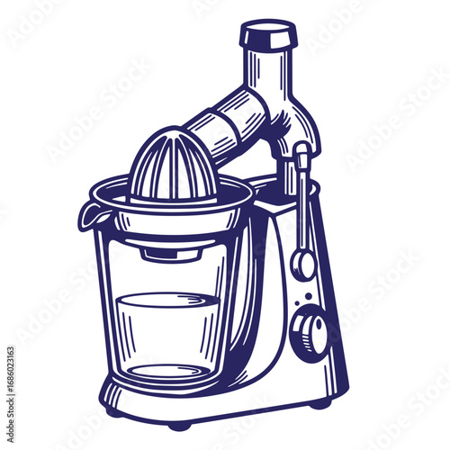 Illustrated line art of a vintage citrus juicer depicting freshly squeezed juice