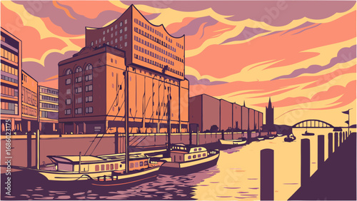 Sunset Cityscape with Boats and Modern Architecture.