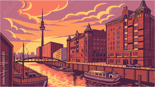 Sunset Cityscape with Canal Boats and Tower.