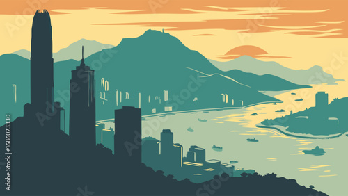 Sunset Cityscape with Harbor and Mountains Silhouette Illustration.