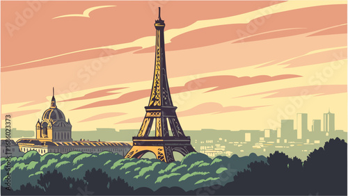Sunset cityscape with iconic tower and city skyline travel poster design vector illustration.