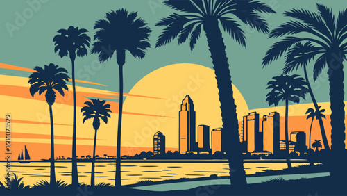 Sunset cityscape with palm trees and ocean view tropical summer evening scene vector illustration graphic design poster art coastal city vacation background.