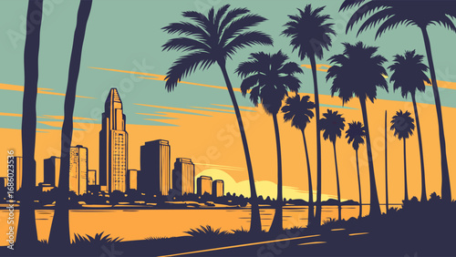 Sunset Cityscape with Palm Trees and Waterfront View.