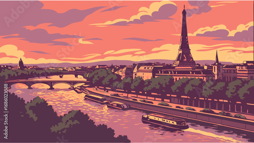 Sunset Cityscape with River and Iconic Tower.
