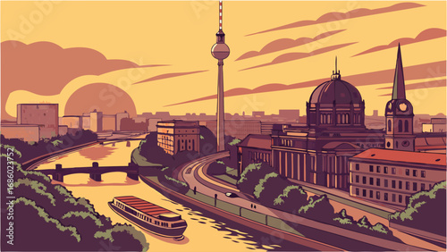 Sunset Cityscape with River Dome Building and Tower.