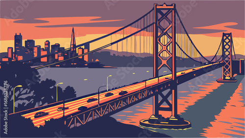 Sunset cityscape with suspension bridge and city skyline at dusk.