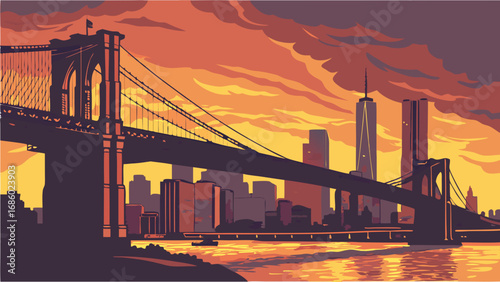 Sunset cityscape with suspension bridge and skyscrapers.