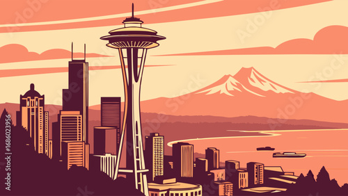 Sunset Cityscape with Tower and Mountain Range Silhouette Illustration.