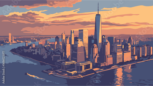 Sunset Cityscape Aerial View Urban Skyline Golden Hour Modern Architecture High-Rise Buildings River Water Reflection City at Dusk Evening City Downtown Panorama Urban Landscape City Illustration Vec.