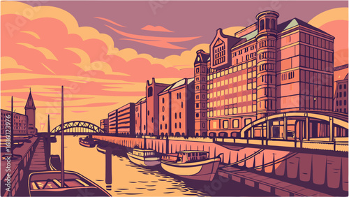 Sunset Cityscape Canal Boats Buildings Urban Evening Dusk Waterfront Harbor River Dock Bridge Architecture City Skyline Urban Landscape Twilight Travel Vacation Tourism Retro Vintage Illustration Gra.