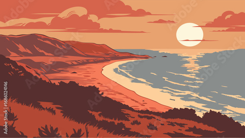 Sunset Coastline Landscape Ocean View Beach Scene Warm Tones Summer Vacation Idyllic Seascape Coastal Illustration Nature Background Artistic Rendering Serene Panorama Calm Waters Golden Hour Evening.