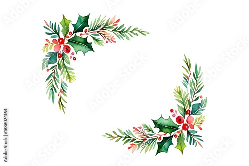 Watercolor christmas corner decorations with pine needles and holly berries