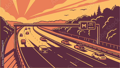 Sunset Highway Road Trip Vehicles Driving at Dusk Scenic Route Illustration.