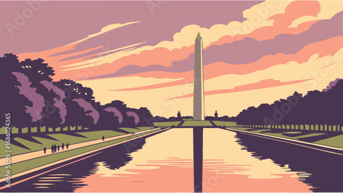 Sunset over a Reflecting Pool and Monument Scenic Illustration Vector Art.