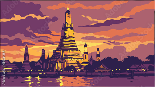 Sunset over Asian Temple and River Waterfront Illustration.