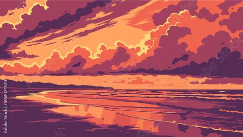 Sunset over ocean beach vibrant colors abstract art coastal landscape summer evening sea waves beach scene fiery sky cloudscape tranquil scene nature illustration warm tones digital painting artistic.