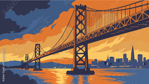 Sunset over suspension bridge and city skyline vector art illustration graphic design.