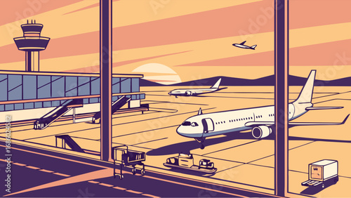 Sunset view of airplanes on the tarmac at an airport terminal.