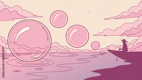 Surreal Pink Landscape with Bubbles and a Person in a Boat Calm Water Dreamy Sky Peaceful Scene Illustration Art Design Fantasy Vector Background Wallpaper Graphic Digital Art.