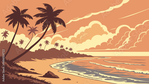 Tropical Beach Sunset Landscape Palm Trees Ocean Waves and Sandy Shore Illustration.
